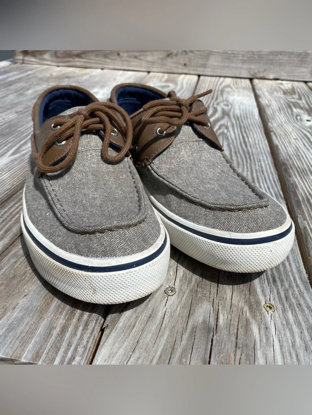 Sperry Men’s Taupe Canvas and Brown Leather Boat Shoes